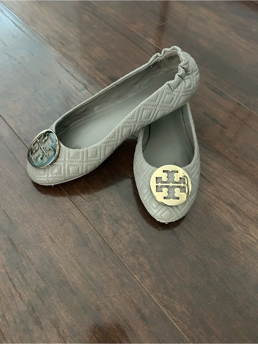 Tory Burch Gray Quilted Reva Ballet Flats